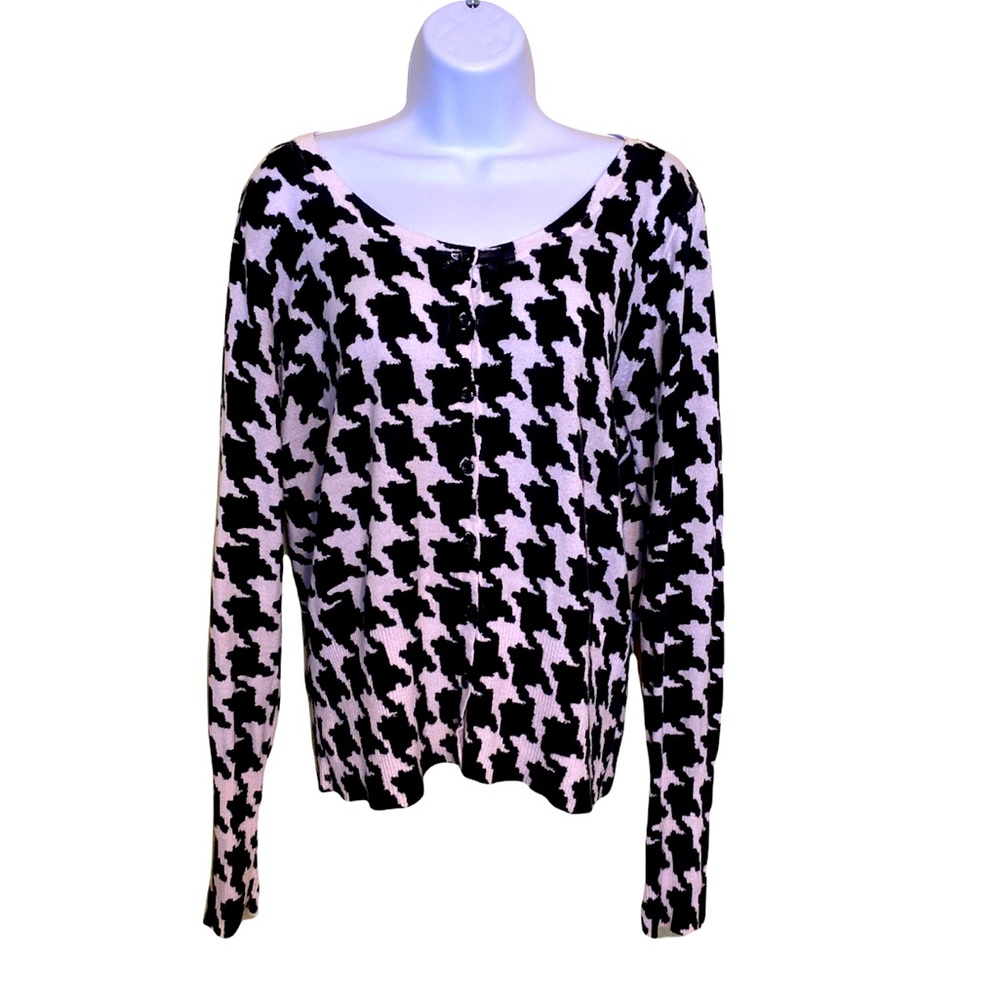 Houndstooth Cardigan button up long Sleeve Sweater light weight Black White XL